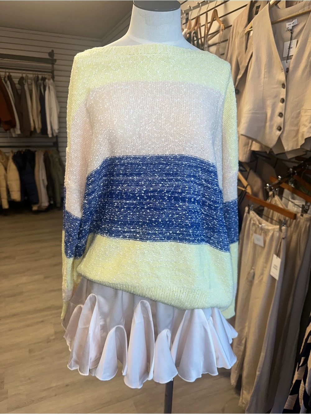 Umgee Striped Blue, Yellow & Cream Knit oversized Sweater